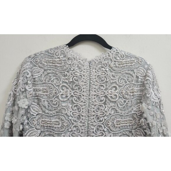 Gemy Maalouf Lace Evening Gown Light Grey Embroidered Long Sleeve Slit Front 12 - Picture 10 of 16